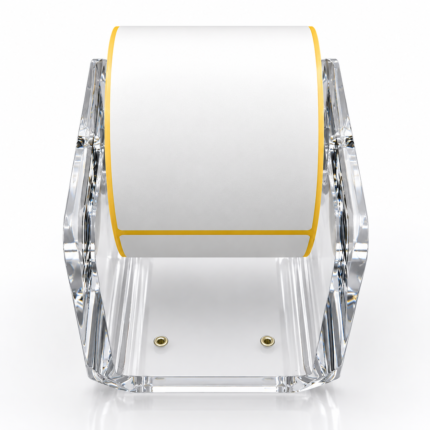 Clear acrylic thermal label roll holder and dispenser with white label roll