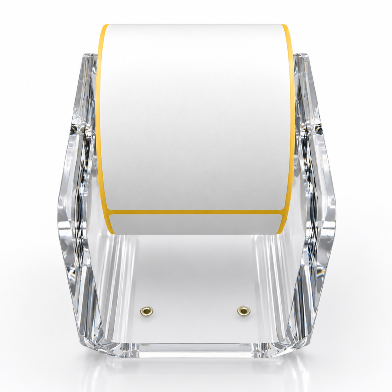 Clear acrylic thermal label roll holder and dispenser with white label roll