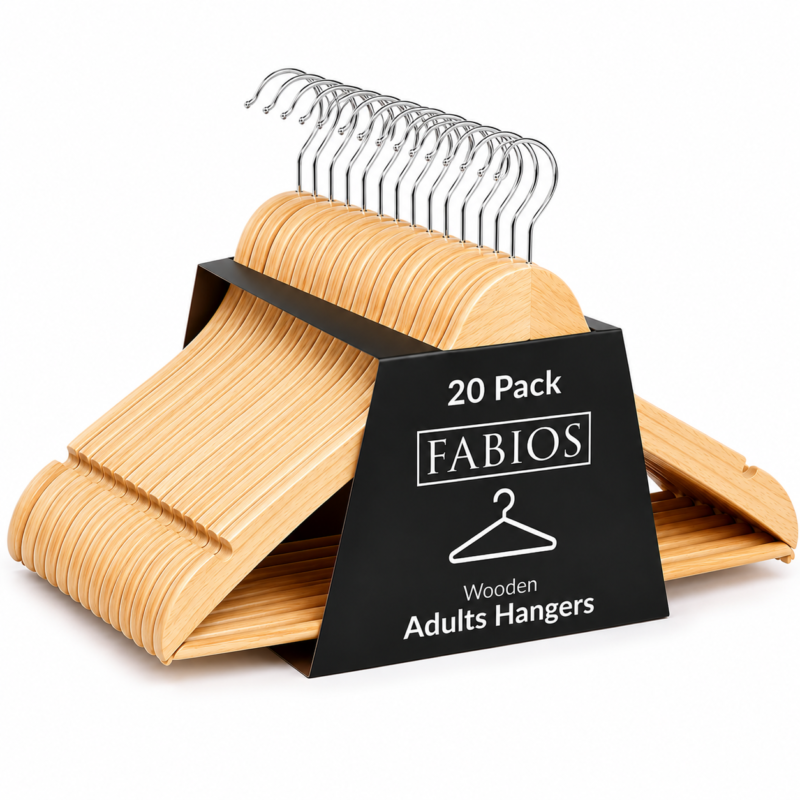 FABIOS 20 Pack Adult Wooden Clothes Hangers with Metal Hooks