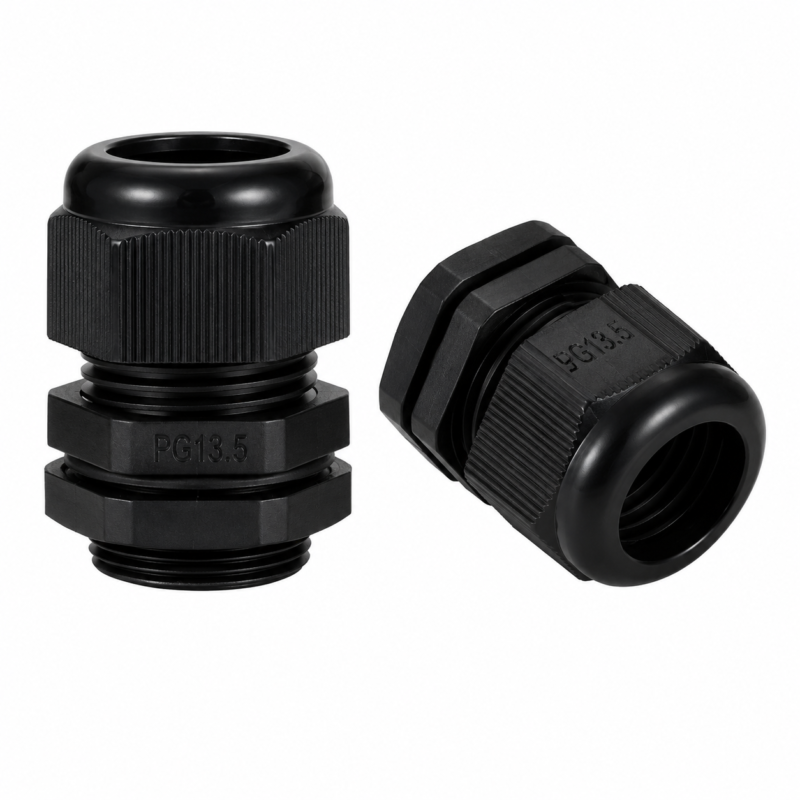 PG13.5 Black IP68 Cable Gland – Angled View
