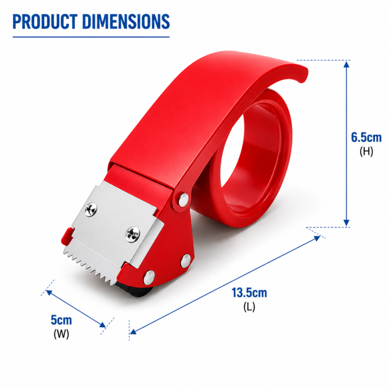 Red packing tape dispenser with serrated cutting blade