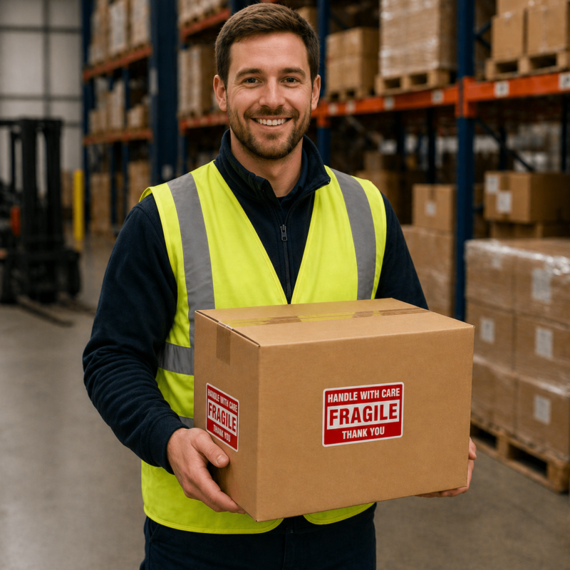 Red Fragile Handle With Care warning sticker 76mm x 50mm